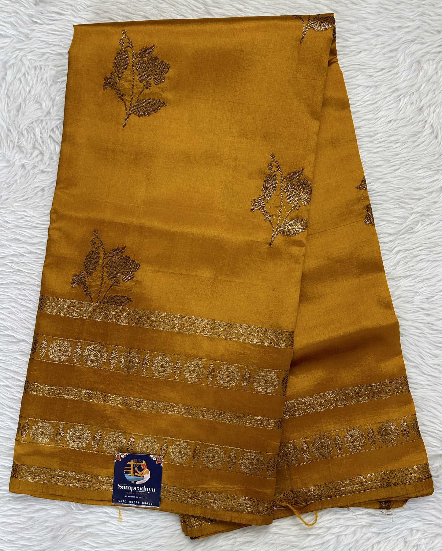 Raw Mango or Pooniya Silk Saree Yellow Colored Complemented With a Gap Border - Sampradaya Designer Studio