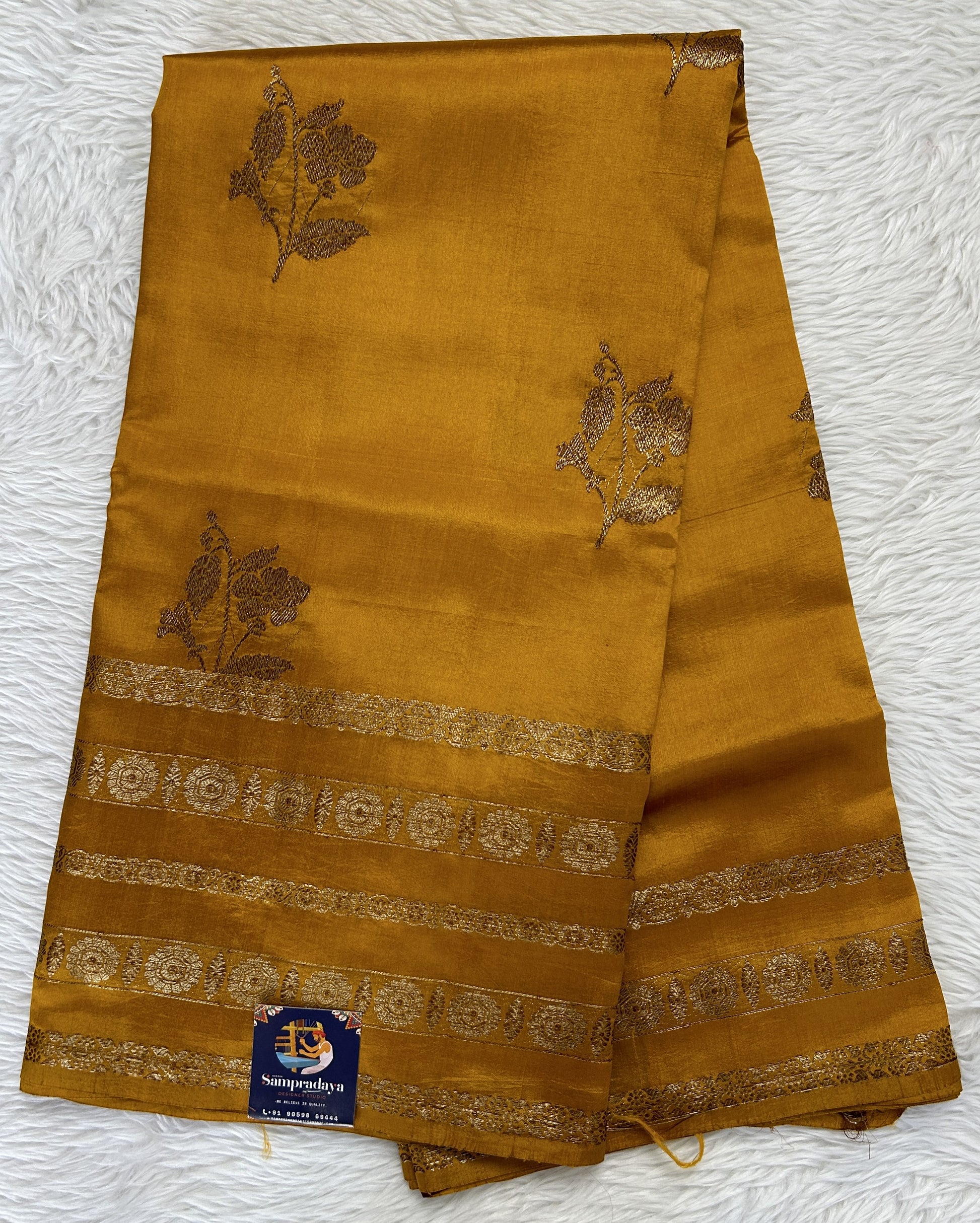 Raw Mango or Pooniya Silk Saree Yellow Colored Complemented With a Gap Border - Sampradaya Designer Studio