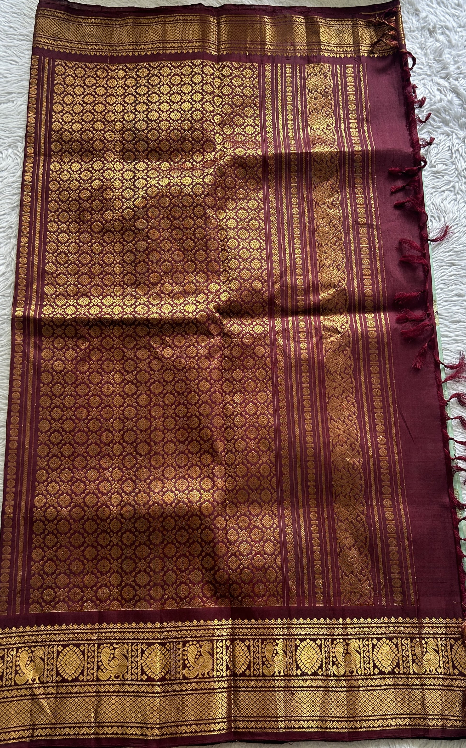 Gadwal Silk Saree Light Sea Blue Colored Complemented With a Brown Color Zari Border - Sampradaya Designer Studio