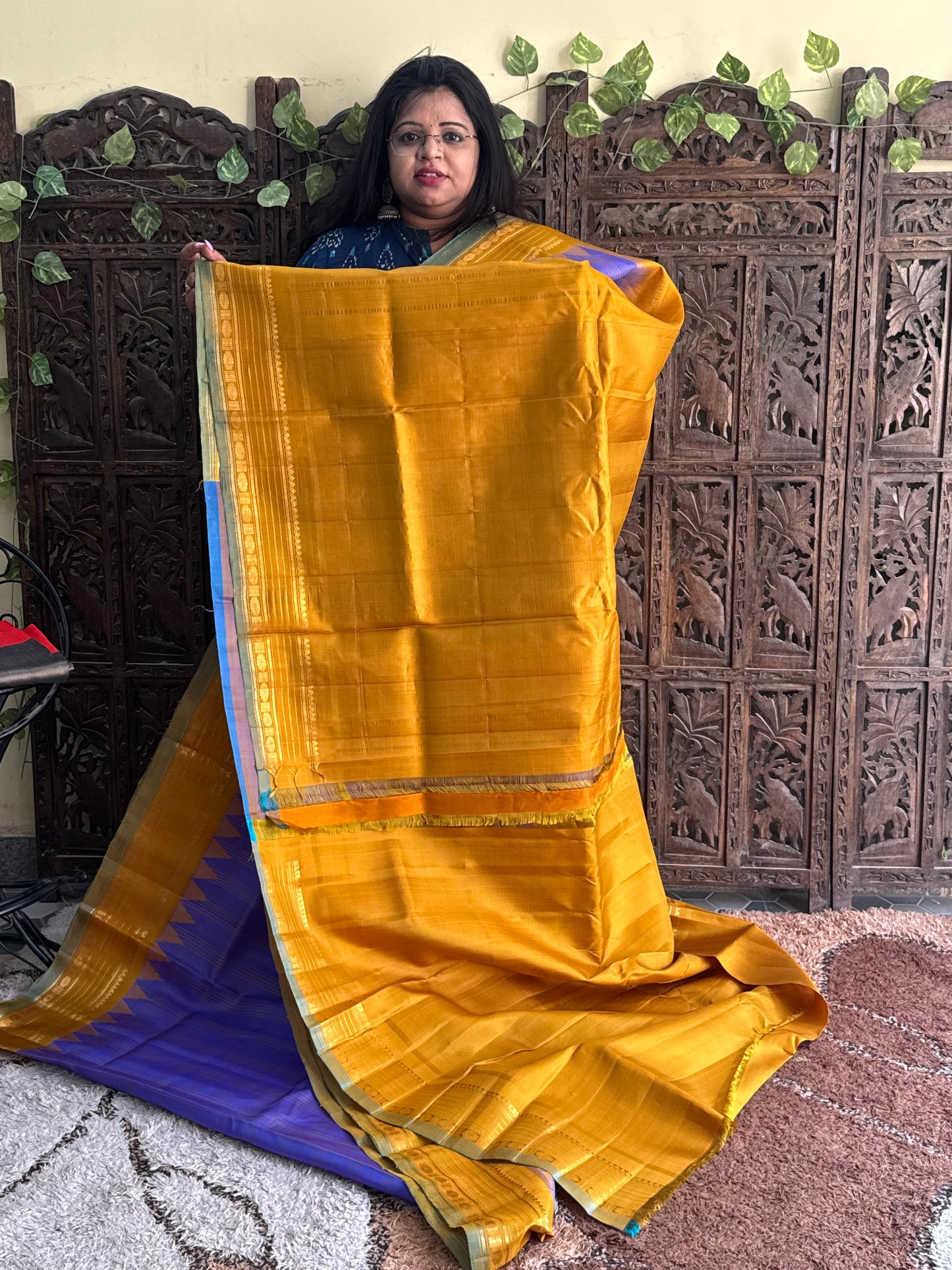 Purple Gadwal Silk Saree with Gold Zari Border — Pure Handloom | Silk Mark Certified