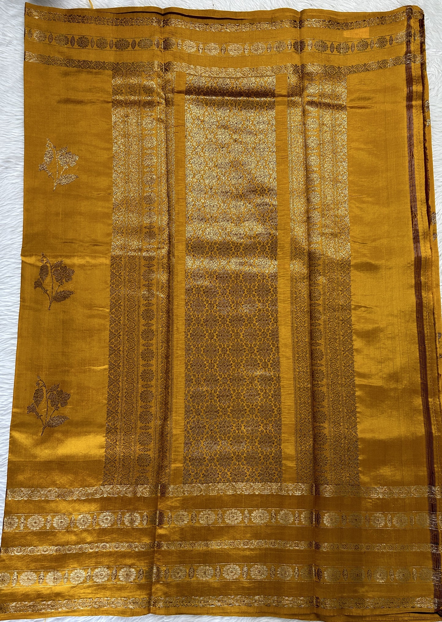 Raw Mango or Pooniya Silk Saree Yellow Colored Complemented With a Gap Border - Sampradaya Designer Studio