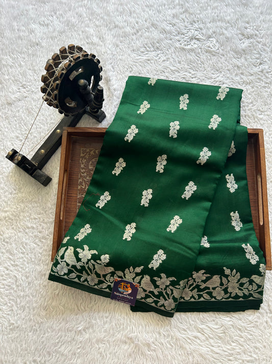 Green Chiniya Silk Saree with Gold Zari Border - Pure Handloom | Silk Mark Certified