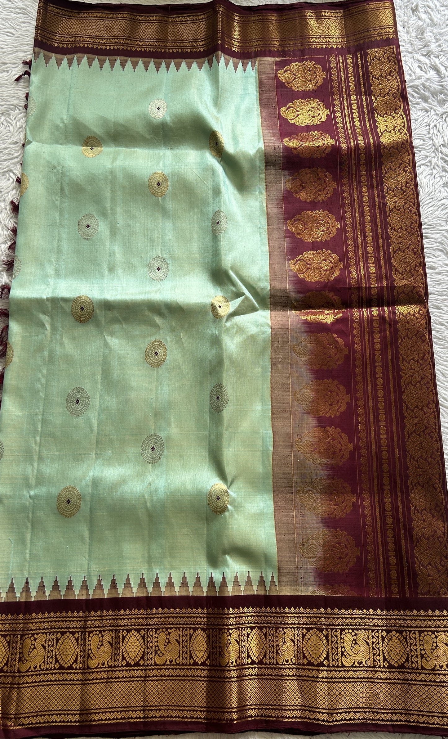 Gadwal Silk Saree Light Sea Blue Colored Complemented With a Brown Color Zari Border - Sampradaya Designer Studio