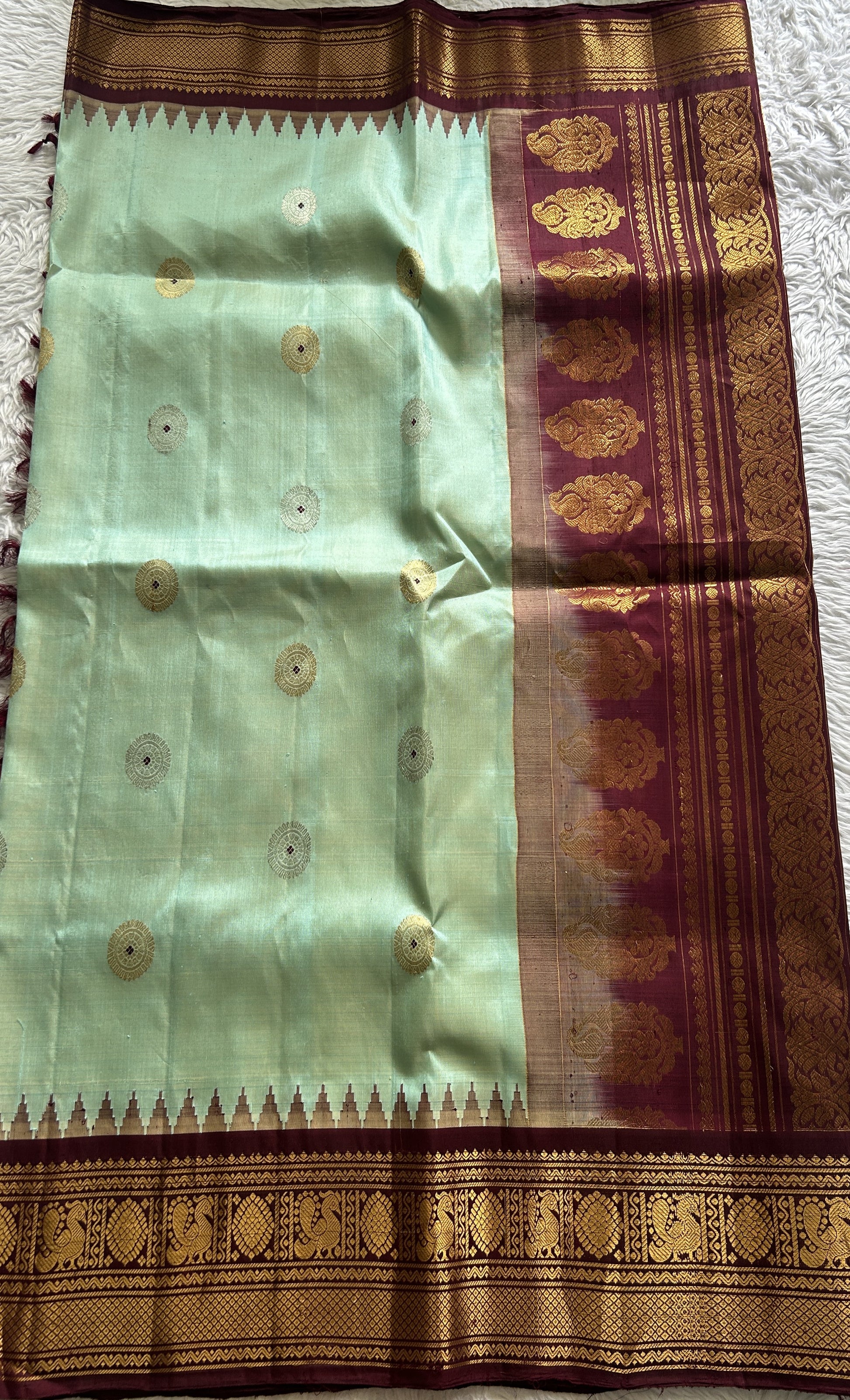 Gadwal Silk Saree Light Sea Blue Colored Complemented With a Brown Color Zari Border - Sampradaya Designer Studio
