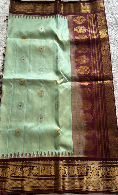 Gadwal Silk Saree Light Sea Blue Colored Complemented With a Brown Color Zari Border - Sampradaya Designer Studio
