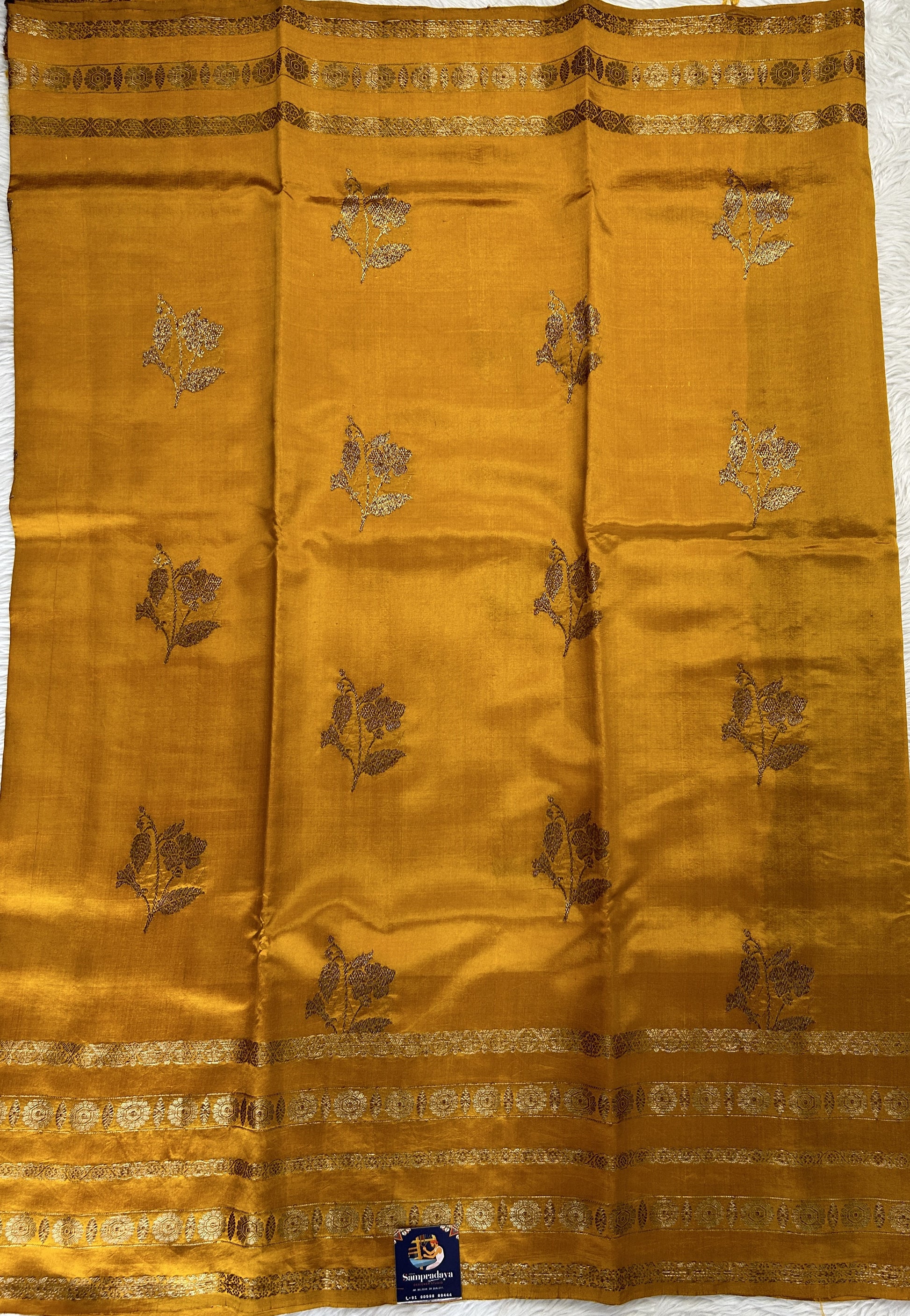 Raw Mango or Pooniya Silk Saree Yellow Colored Complemented With a Gap Border - Sampradaya Designer Studio