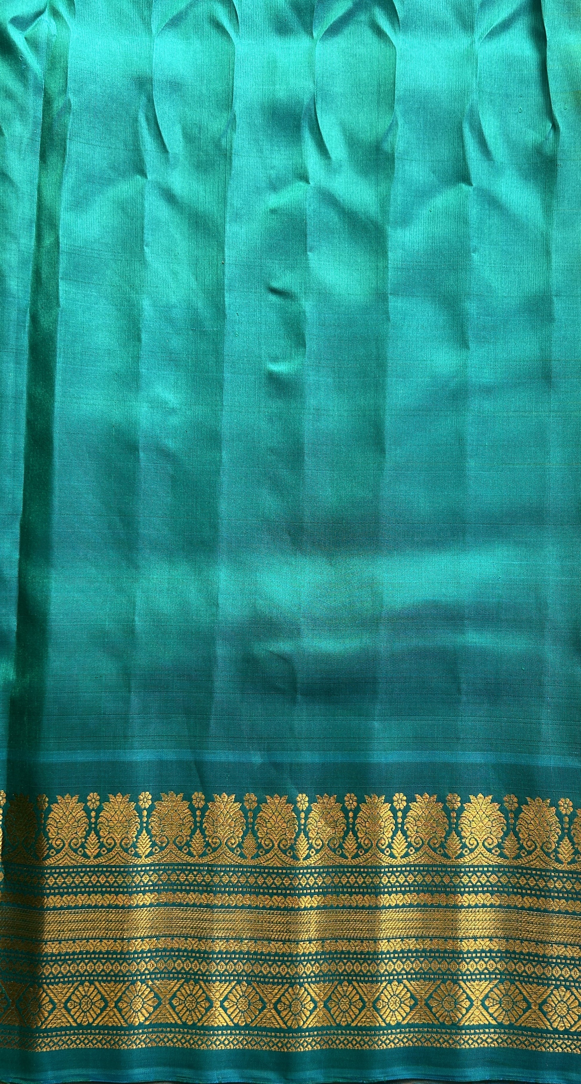 Gadwal Silk Saree Yellow Colored Complemented With a Sea Blue Color Zari Border - Sampradaya Designer Studio