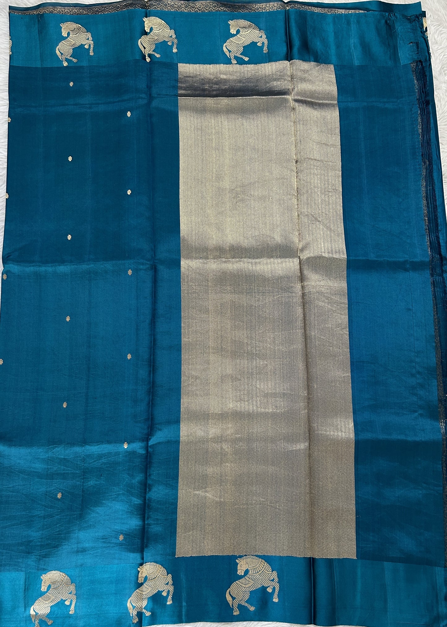 Raw Mango or Pooniya Silk Saree Peacock Blue Colored Complemented With a Mashru Border - Sampradaya Designer Studio