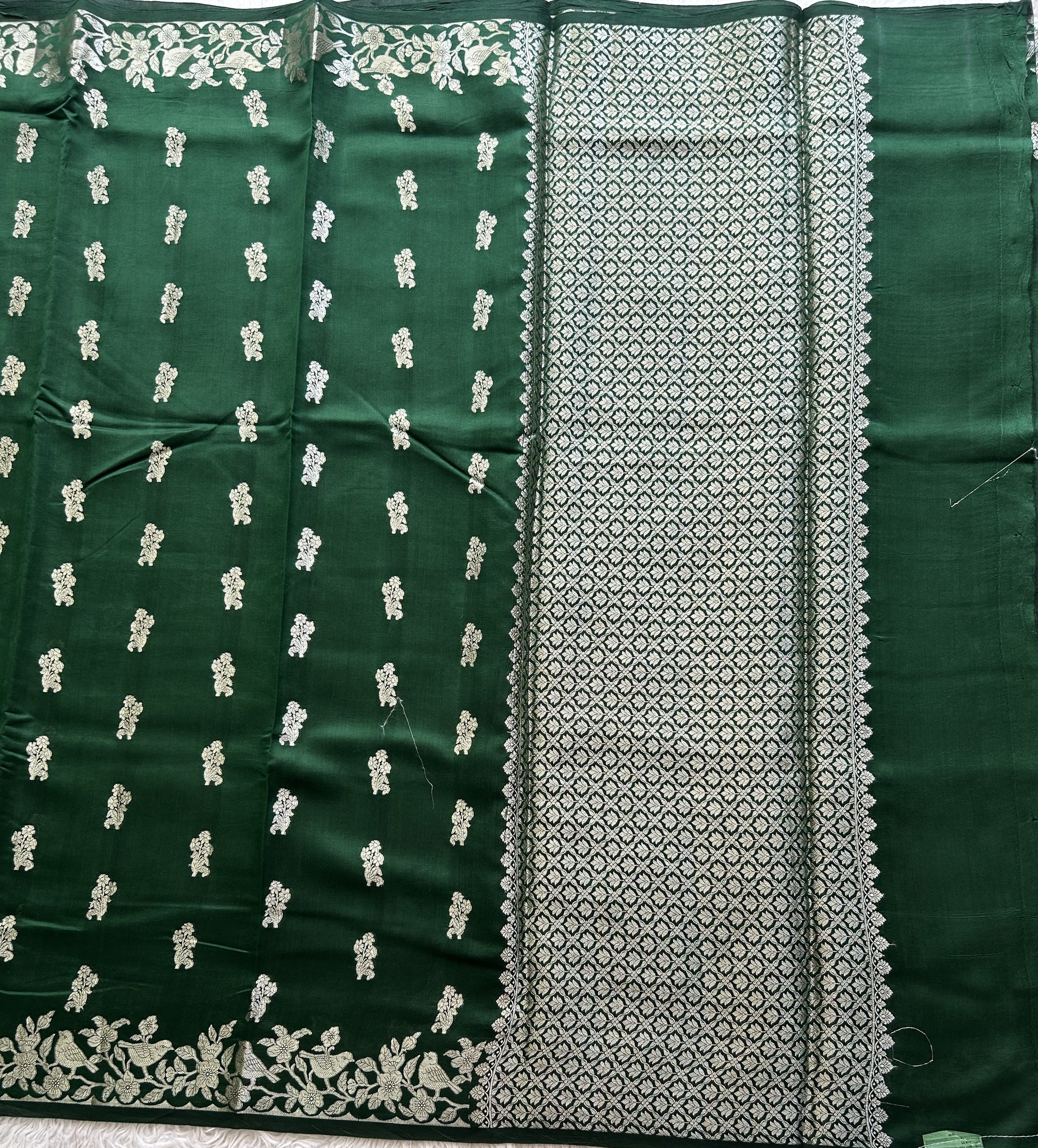 Green Chiniya Silk Saree with Gold Zari Border - Pure Handloom | Silk Mark Certified - Sampradaya Designer Studio