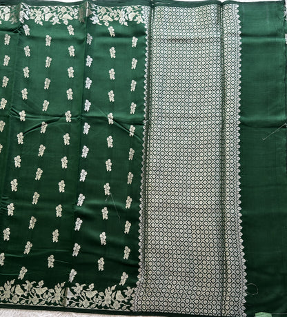Green Chiniya Silk Saree with Gold Zari Border - Pure Handloom | Silk Mark Certified - Sampradaya Designer Studio