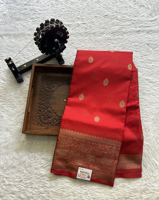 Silk kota Saree Red colored Complemented with a Zari Border. - Sampradaya Designer Studio