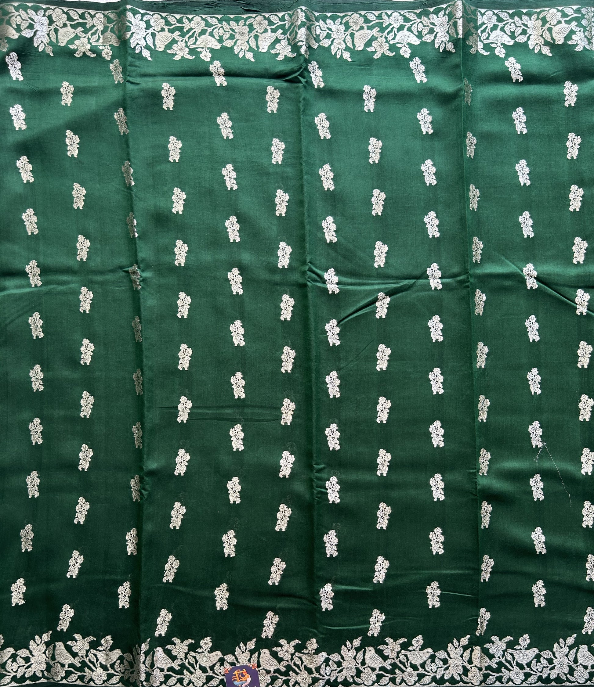 Green Chiniya Silk Saree with Gold Zari Border - Pure Handloom | Silk Mark Certified - Sampradaya Designer Studio