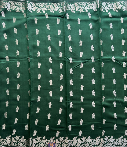 Green Chiniya Silk Saree with Gold Zari Border - Pure Handloom | Silk Mark Certified - Sampradaya Designer Studio