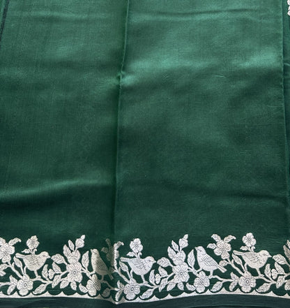 Green Chiniya Silk Saree with Gold Zari Border - Pure Handloom | Silk Mark Certified - Sampradaya Designer Studio