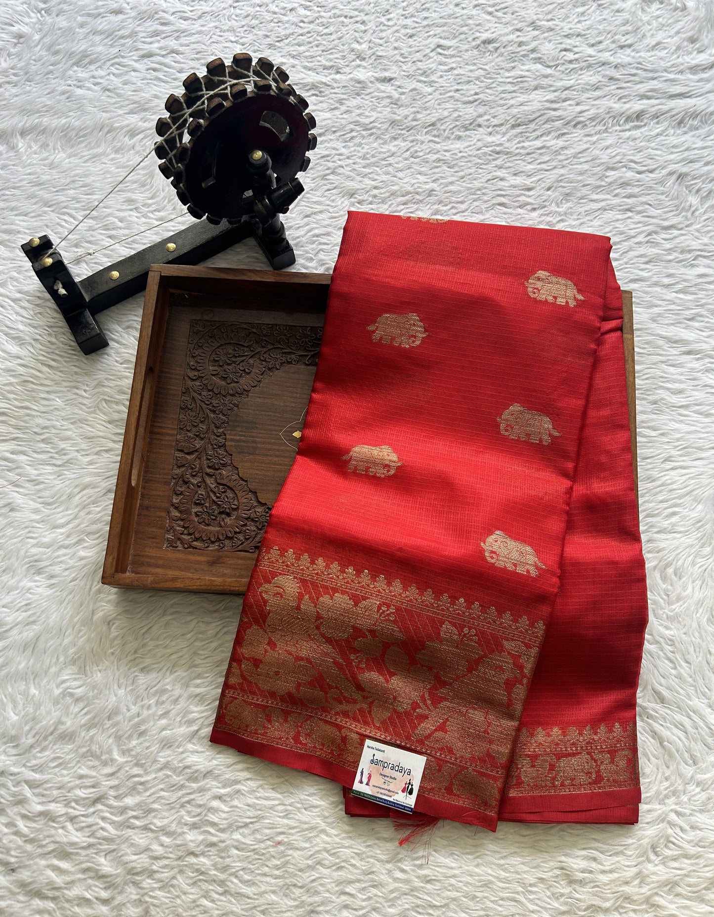 Silk kota Saree Red colored Complemented with a Zari Border. - Sampradaya Designer Studio