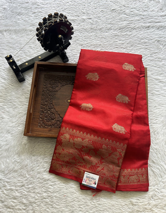 Silk kota Saree Red colored Complemented with a Zari Border. - Sampradaya Designer Studio