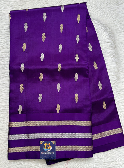 Raw Mango or Pooniya Silk Saree Purple Colored Complemented With a Zari Gap Border - Sampradaya Designer Studio