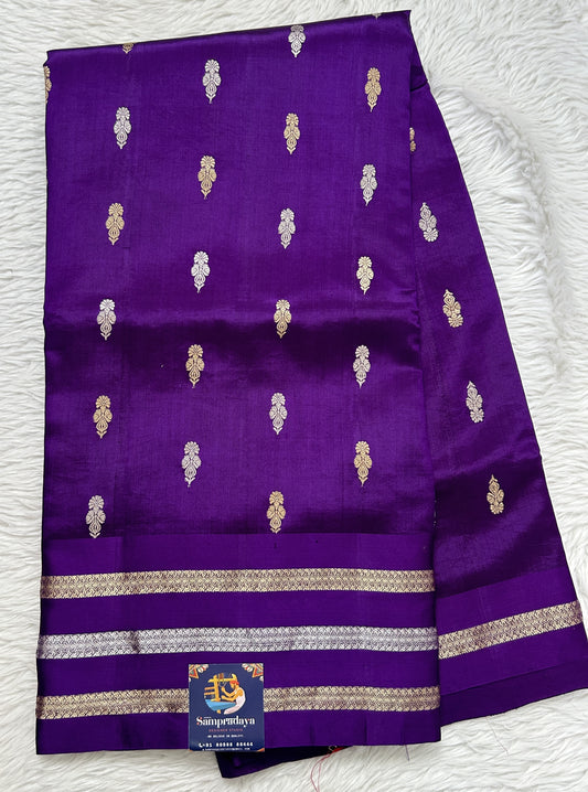 Raw Mango or Pooniya Silk Saree Purple Colored Complemented With a Zari Gap Border - Sampradaya Designer Studio