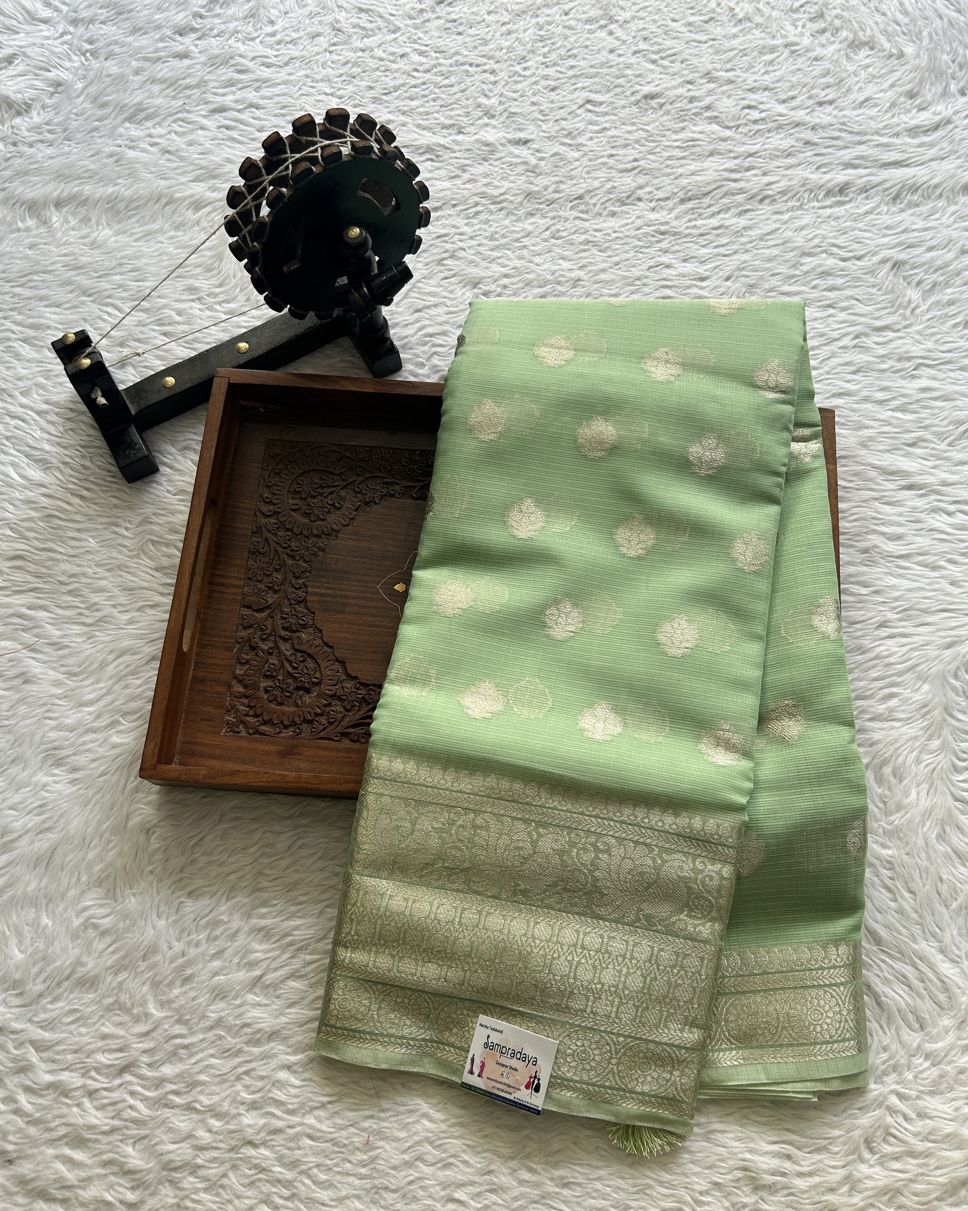 Silk kota Saree Light Green colored Complemented with a Zari Border. - Sampradaya Designer Studio