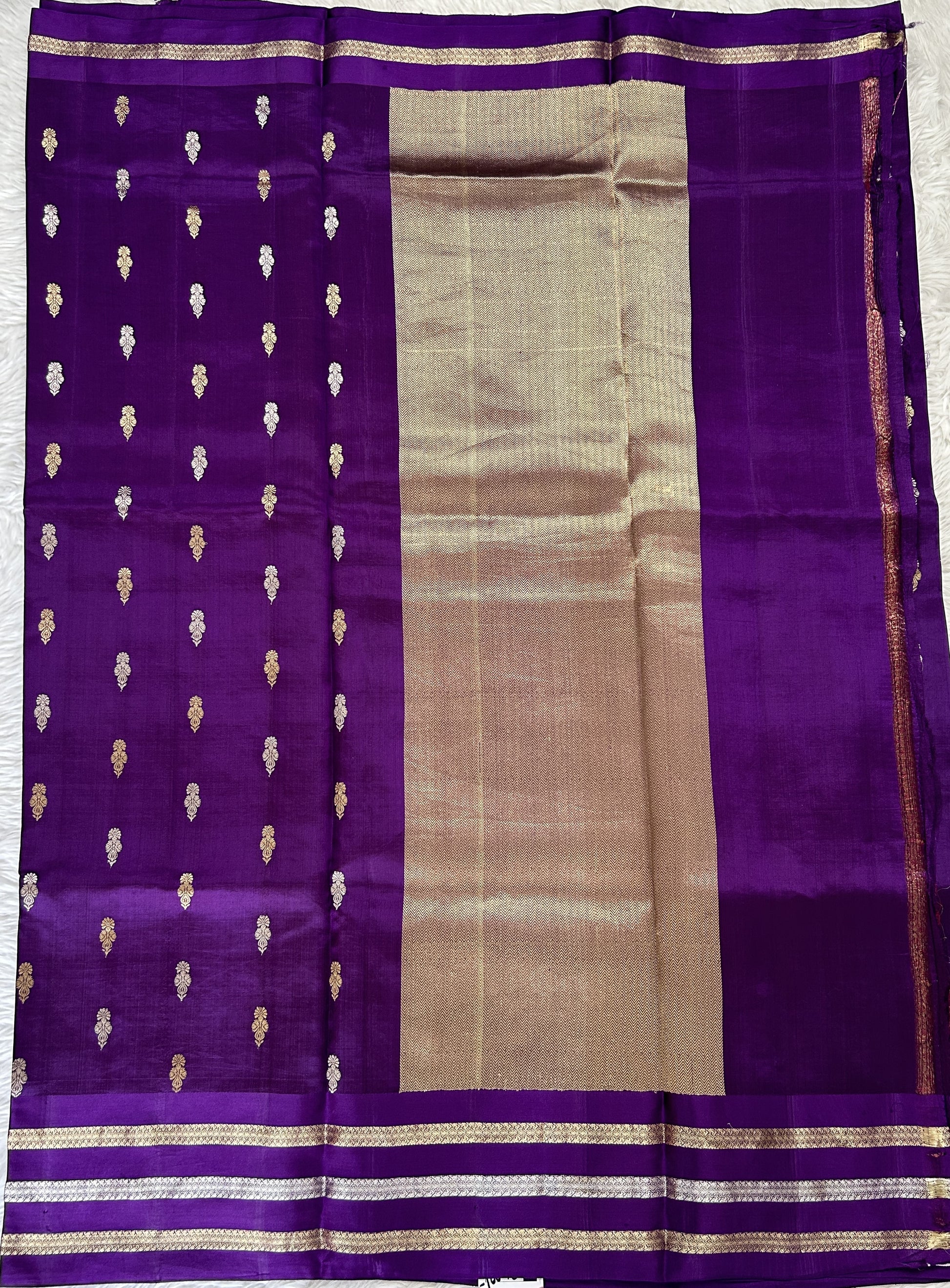 Raw Mango or Pooniya Silk Saree Purple Colored Complemented With a Zari Gap Border - Sampradaya Designer Studio