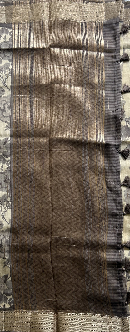 Dola Crepe Saree Beige Colored Elegantly Paired with a Gold Zari Border. - Sampradaya Designer Studio