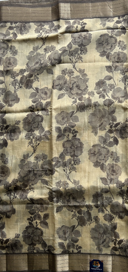 Dola Crepe Saree Beige Colored Elegantly Paired with a Gold Zari Border. - Sampradaya Designer Studio