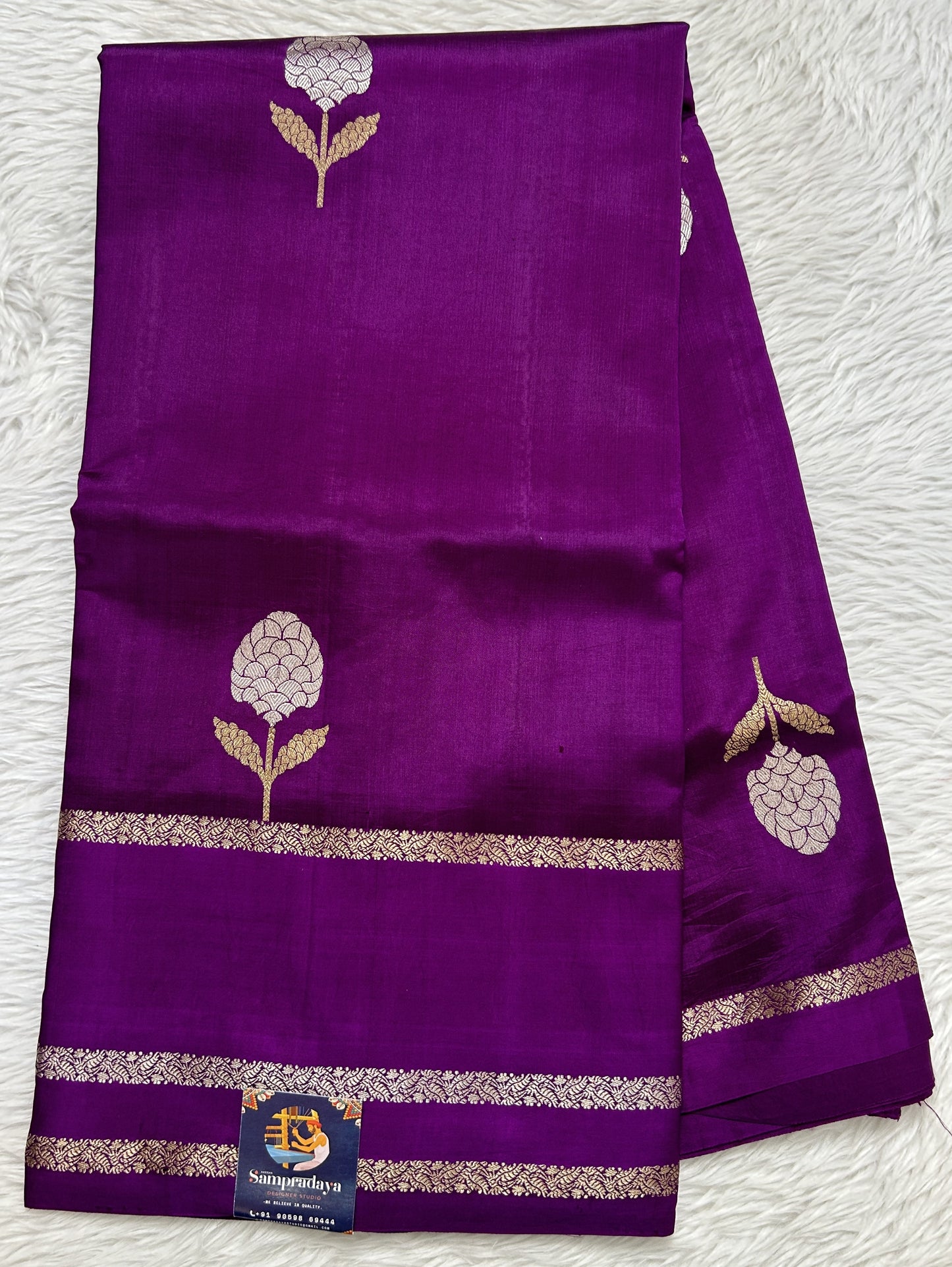 Raw Mango or Pooniya Silk Saree Brinjal Colored Complemented With a Zari Gap Border - Sampradaya Designer Studio
