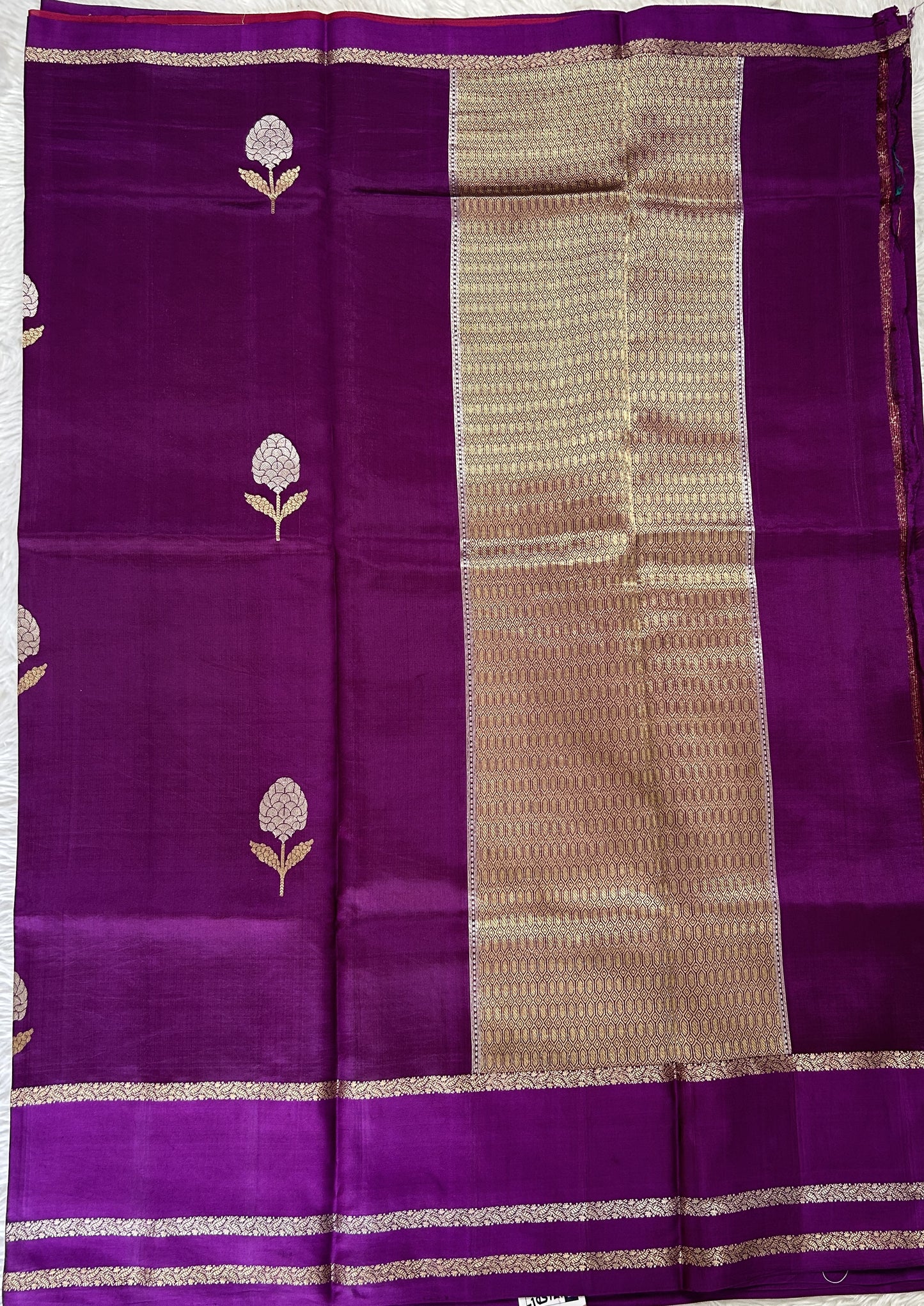 Raw Mango or Pooniya Silk Saree Brinjal Colored Complemented With a Zari Gap Border - Sampradaya Designer Studio