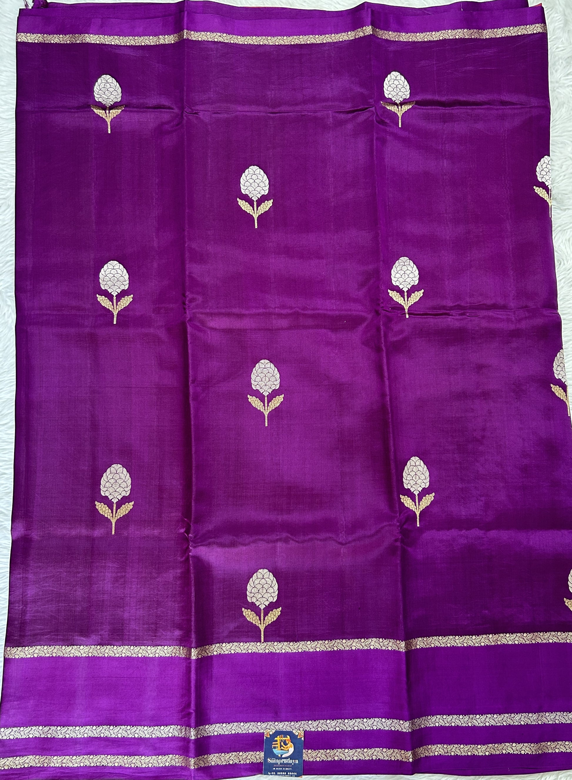 Raw Mango or Pooniya Silk Saree Brinjal Colored Complemented With a Zari Gap Border - Sampradaya Designer Studio