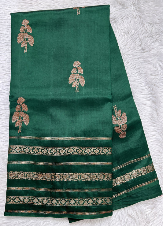 Raw Mango or Pooniya Silk Saree Bottle Green Colored Complemented With a Zari Gap Border - Sampradaya Designer Studio