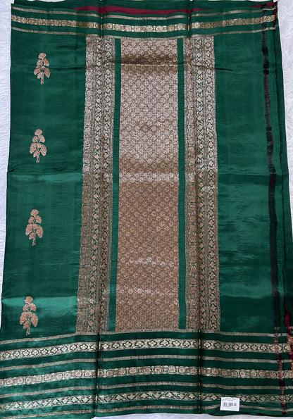Raw Mango or Pooniya Silk Saree Bottle Green Colored Complemented With a Zari Gap Border - Sampradaya Designer Studio