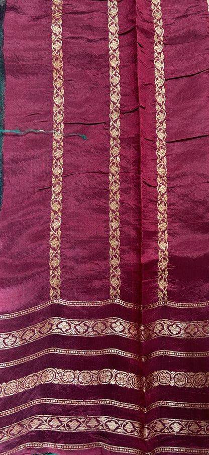 Raw Mango or Pooniya Silk Saree Bottle Green Colored Complemented With a Zari Gap Border - Sampradaya Designer Studio