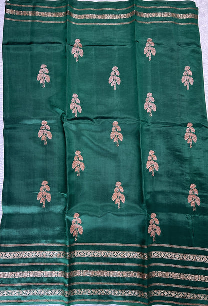 Raw Mango or Pooniya Silk Saree Bottle Green Colored Complemented With a Zari Gap Border - Sampradaya Designer Studio