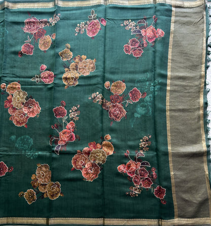 Green Chiniya Silk Saree with Gold Zari Border - Pure Handloom | Silk Mark Certified - Sampradaya Designer Studio