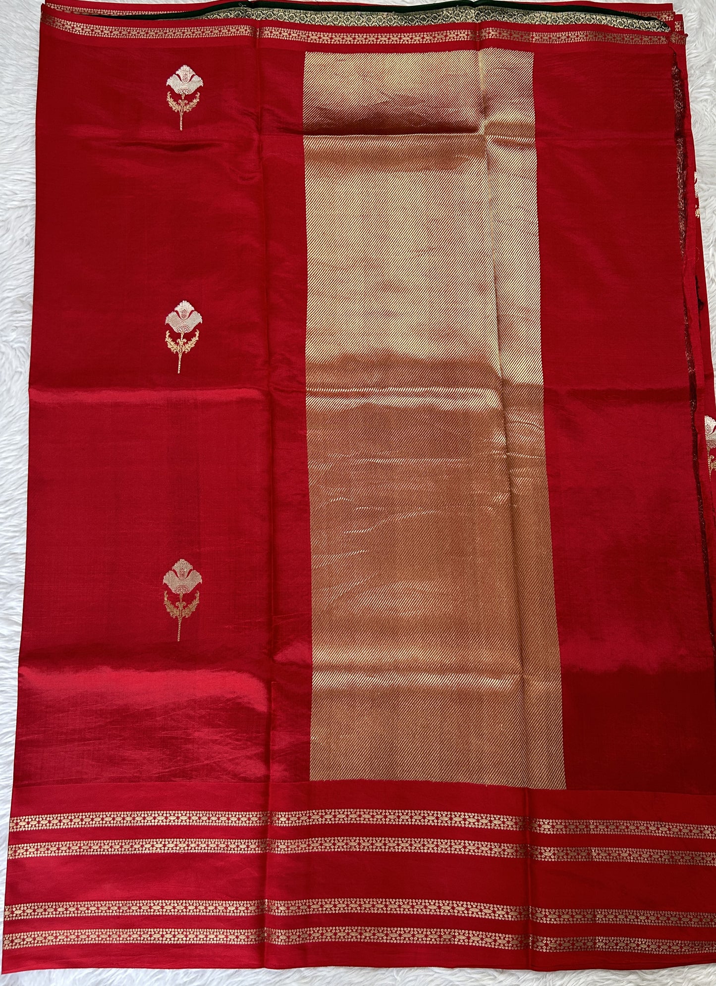 Raw Mango or Pooniya Silk Saree Red Colored Complemented With a Zari Gap Border - Sampradaya Designer Studio