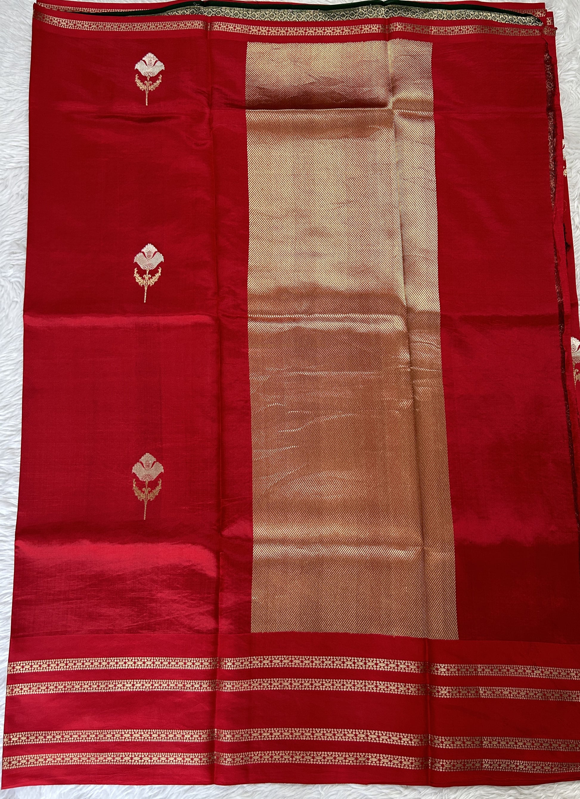 Raw Mango or Pooniya Silk Saree Red Colored Complemented With a Zari Gap Border - Sampradaya Designer Studio