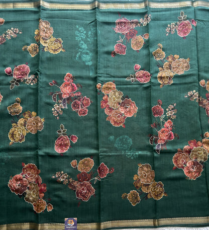 Green Chiniya Silk Saree with Gold Zari Border - Pure Handloom | Silk Mark Certified - Sampradaya Designer Studio
