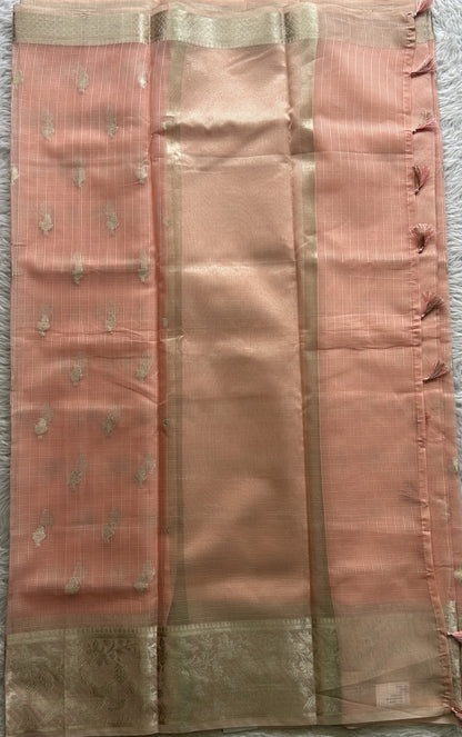 Silk kota Saree Peach colored Complemented with a Zari Border. - Sampradaya Designer Studio