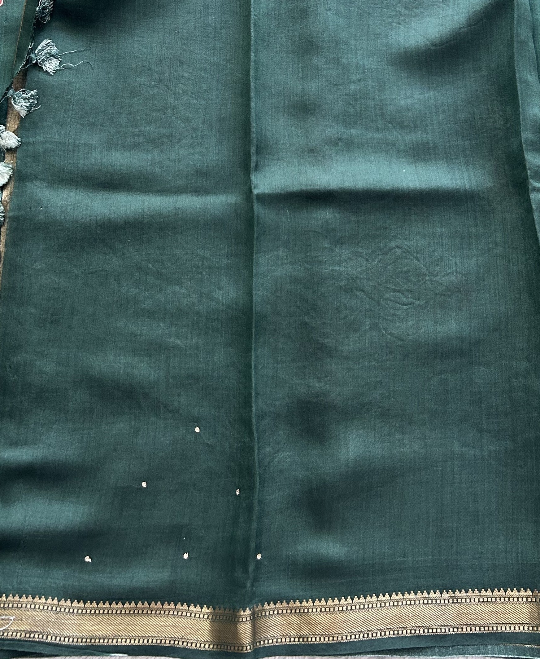 Green Chiniya Silk Saree with Gold Zari Border - Pure Handloom | Silk Mark Certified - Sampradaya Designer Studio