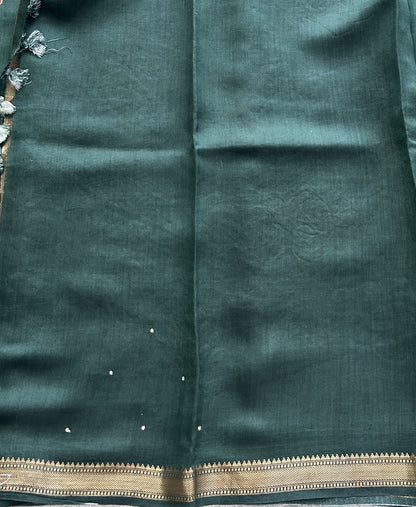 Green Chiniya Silk Saree with Gold Zari Border - Pure Handloom | Silk Mark Certified - Sampradaya Designer Studio