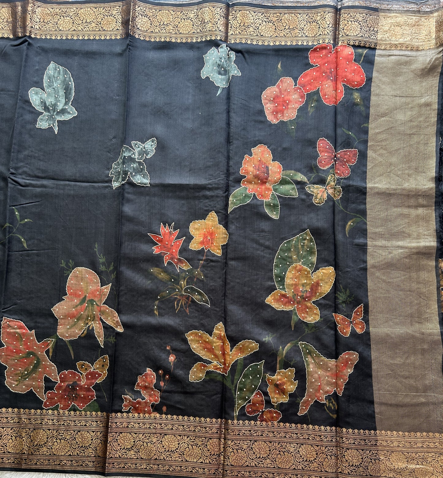 Black Chiniya Silk Saree with Gold Zari Border - Pure Handloom | Silk Mark Certified - Sampradaya Designer Studio