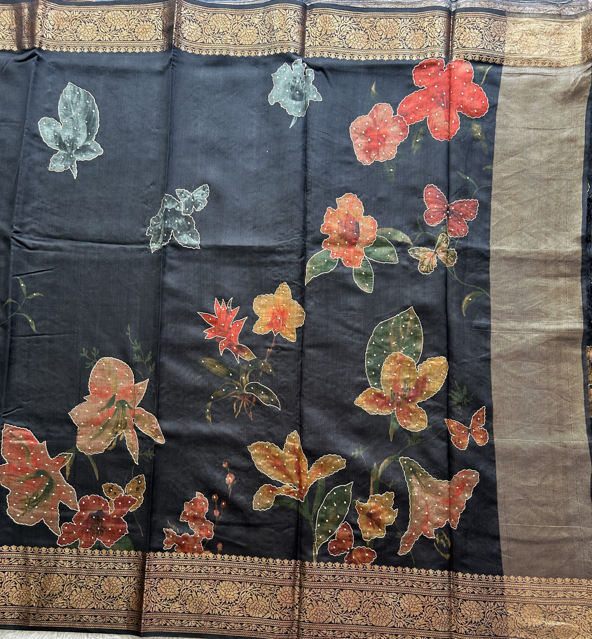 Black Chiniya Silk Saree with Gold Zari Border - Pure Handloom | Silk Mark Certified - Sampradaya Designer Studio