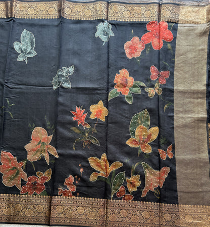 Black Chiniya Silk Saree with Gold Zari Border - Pure Handloom | Silk Mark Certified - Sampradaya Designer Studio