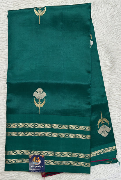 Raw Mango or Pooniya Silk Saree Green Colored Complemented With a Zari Gap Border - Sampradaya Designer Studio