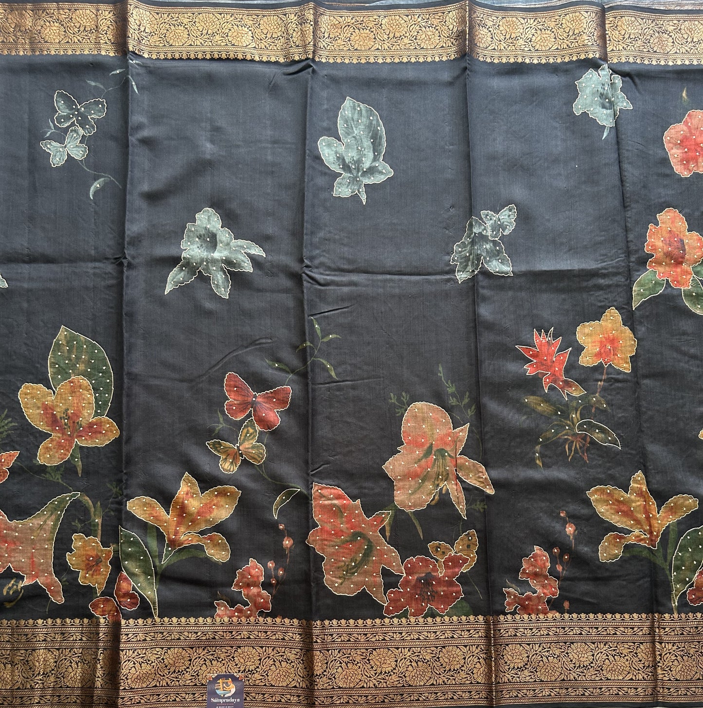 Black Chiniya Silk Saree with Gold Zari Border - Pure Handloom | Silk Mark Certified - Sampradaya Designer Studio