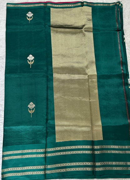 Raw Mango or Pooniya Silk Saree Green Colored Complemented With a Zari Gap Border - Sampradaya Designer Studio