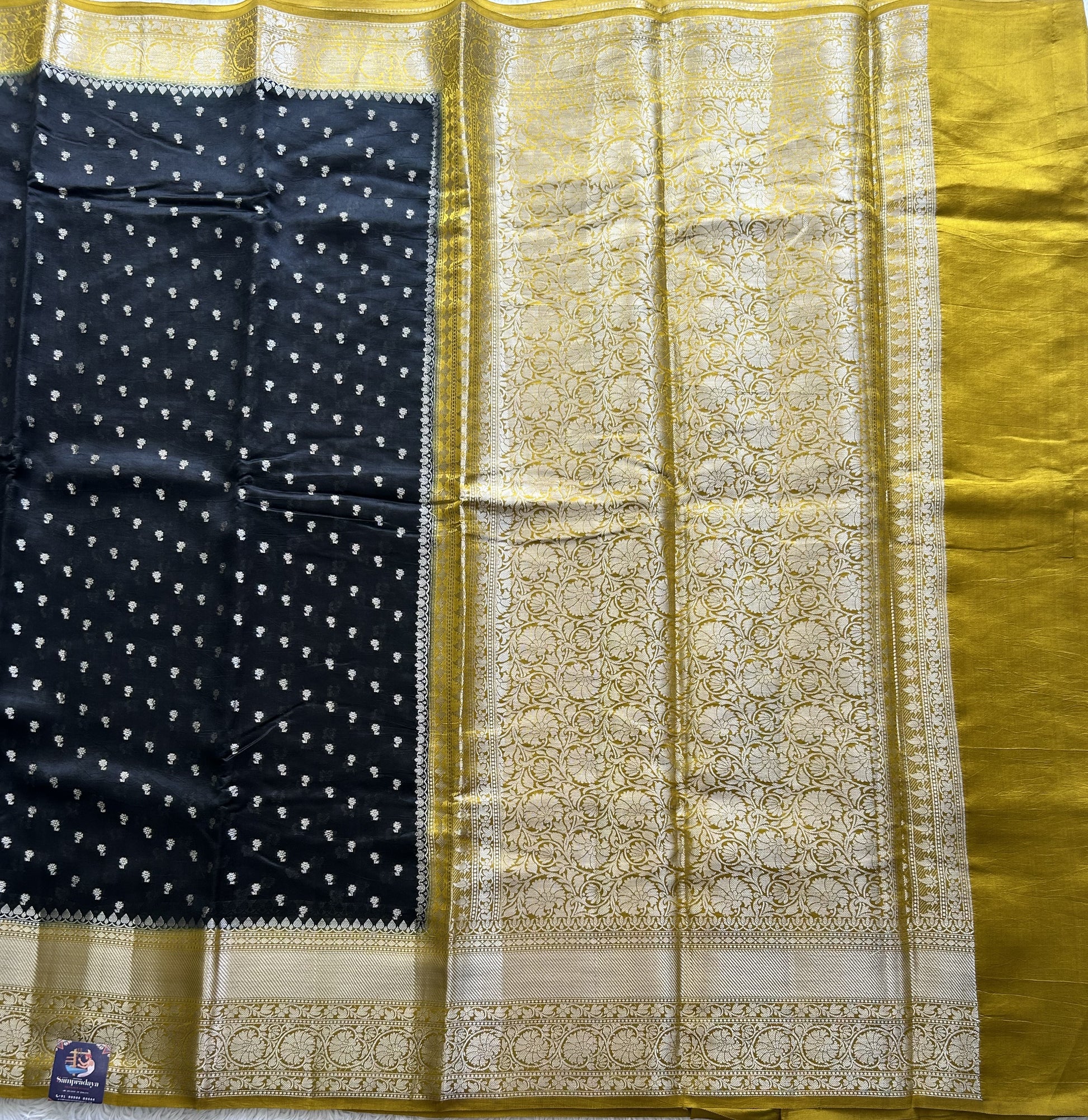 Black Chiniya Silk Saree with Gold Zari Border - Pure Handloom | Silk Mark Certified - Sampradaya Designer Studio