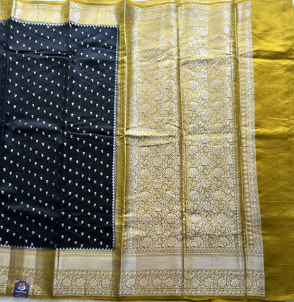 Black Chiniya Silk Saree with Gold Zari Border - Pure Handloom | Silk Mark Certified - Sampradaya Designer Studio