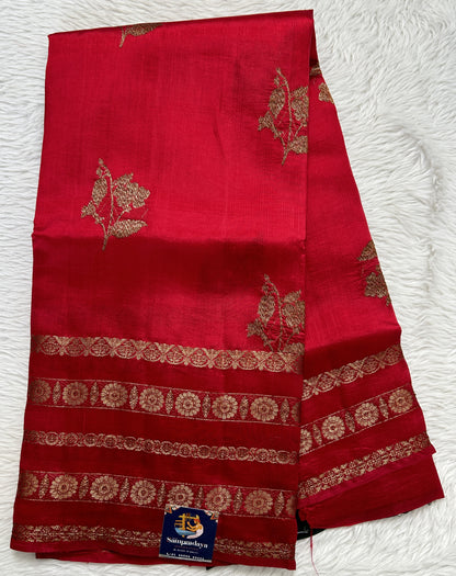 Raw Mango or Pooniya Silk Saree Red Colored Complemented With a Zari Gap Border - Sampradaya Designer Studio