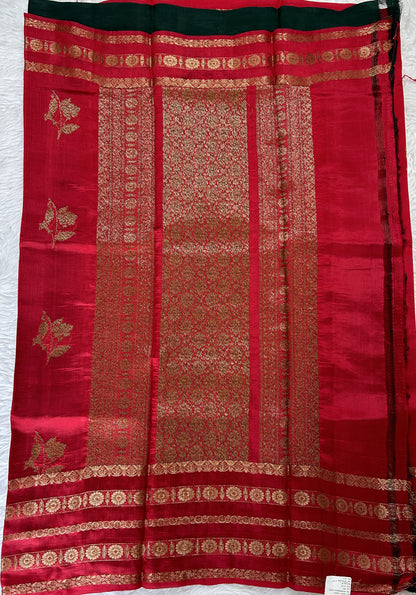 Raw Mango or Pooniya Silk Saree Red Colored Complemented With a Zari Gap Border - Sampradaya Designer Studio